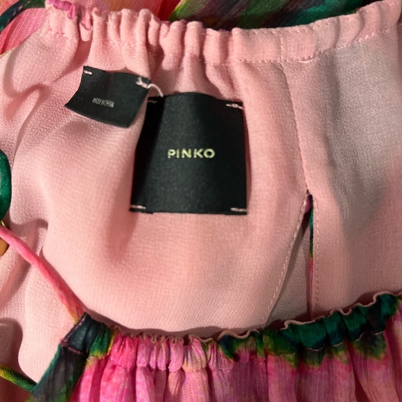 Pinko pink and green printed elastic waist halter maki dress - Picture 3 of 5